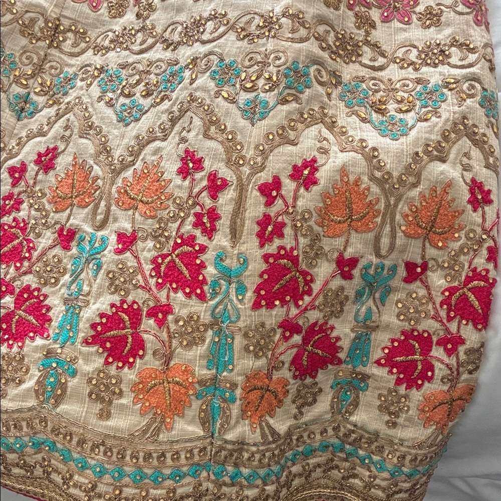 Lehenga Beautiful two piece cream with gold, teal, and pink with Dupatta. - Picture 5 of 7